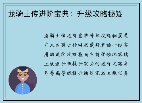 龙骑士传进阶宝典：升级攻略秘笈